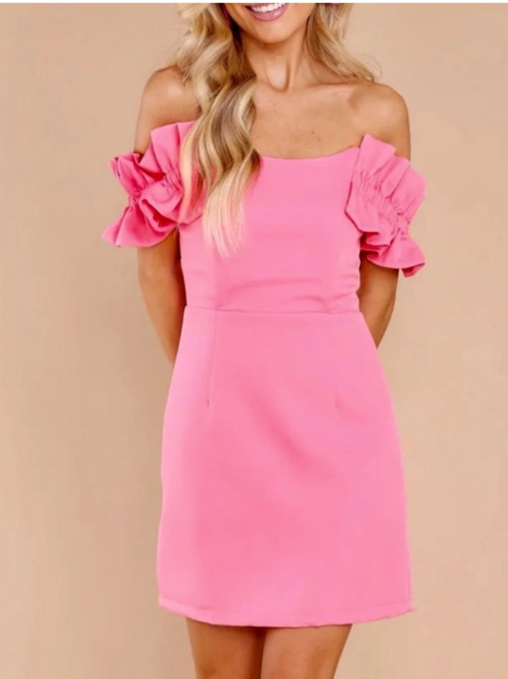 DO + BE The Exceptional You Off-The-Shoulder Ruffle Mini Dress in Pink SZ: Med